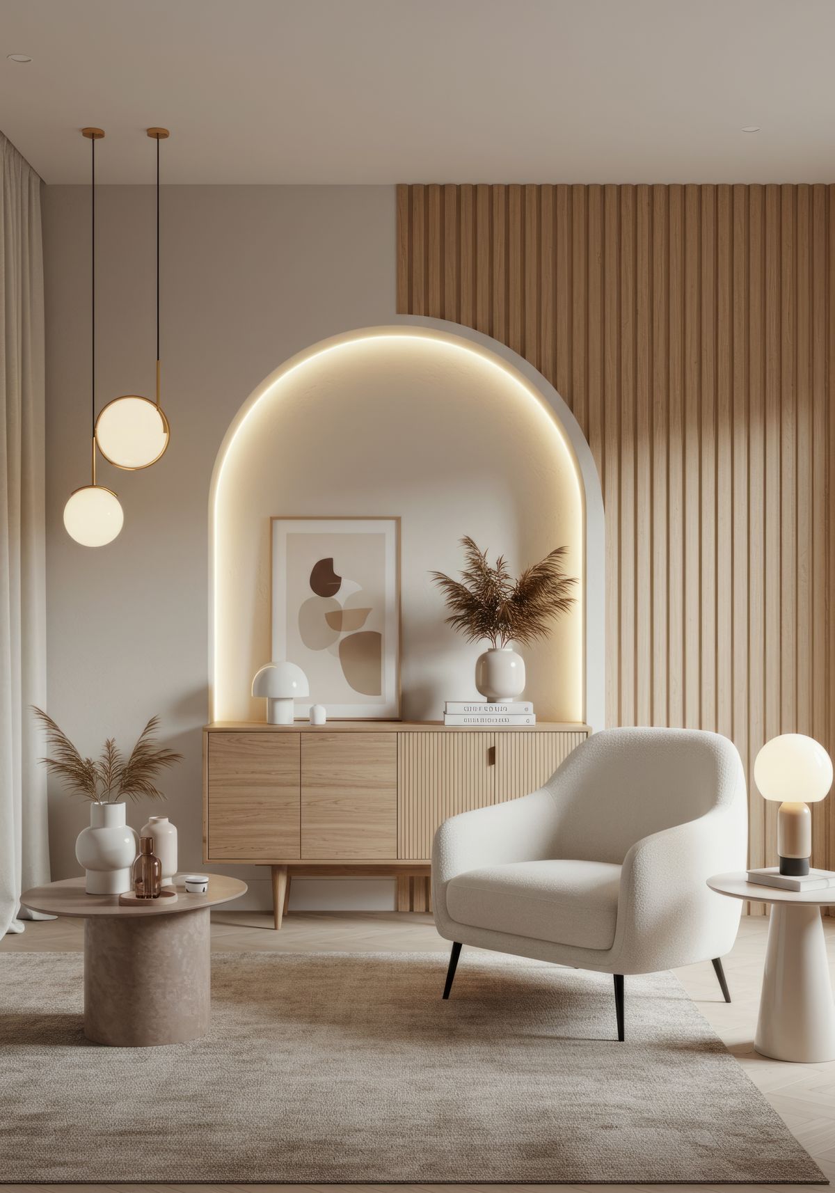 elegant minimalist living space with soft lighting